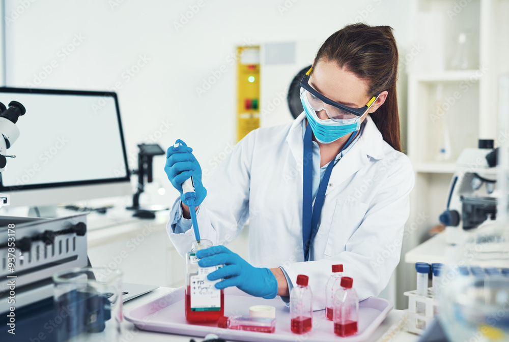 Blood sample, woman and laboratory with chemical test, research and investigation for monkeypox vaccine. Pharmaceutical, medical and virus DNA analysis for cure with forensic vial for disease study