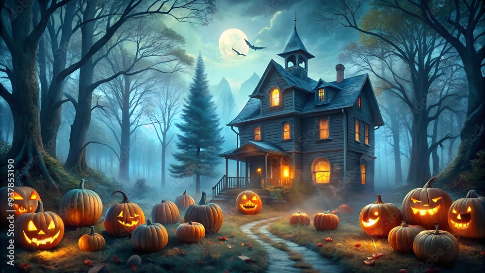 Halloween background with pumpkins and haunted house - 3D render ...