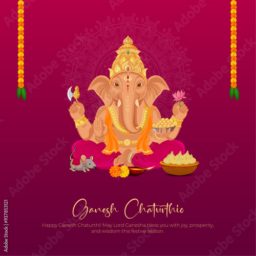 Happy Ganesh Chaturthi Post and Greeting Card. Birthday of Lord Ganesh Celebration and Creative Poster Vector Illustration