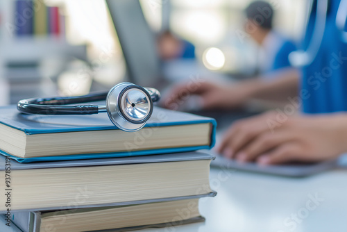 Close-up of stethoscope resting on a stack of medical books with a doctor using a computer in the background. Medical knowledge and learning concept.
