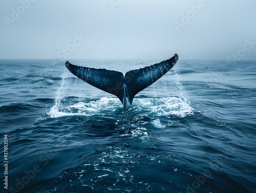 Majestic Blue Whale s Tail Fin Breaking Through the Tranquil Ocean Surface