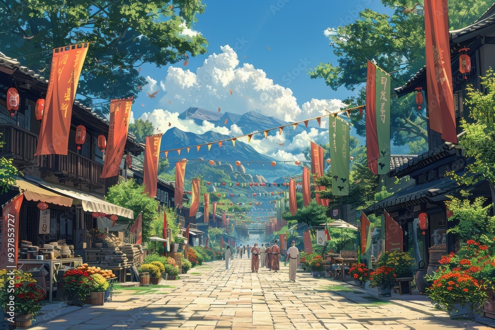 A lively festival in a rural village, with colorful banners strung ...