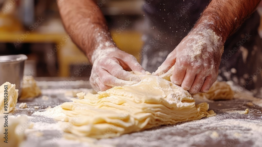 A baker rolling out dough for croissants, folding and layering butter to create flaky pastry, highlighting the technique in laminated doughs A baker rolling out dough for croissants, folding and layering butter to create flaky pastry, highlighting the technique in laminated doughs