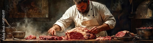 A butcher expertly breaking down a side of beef, illustrating the skill and knowledge of cuts in the culinary arts photo