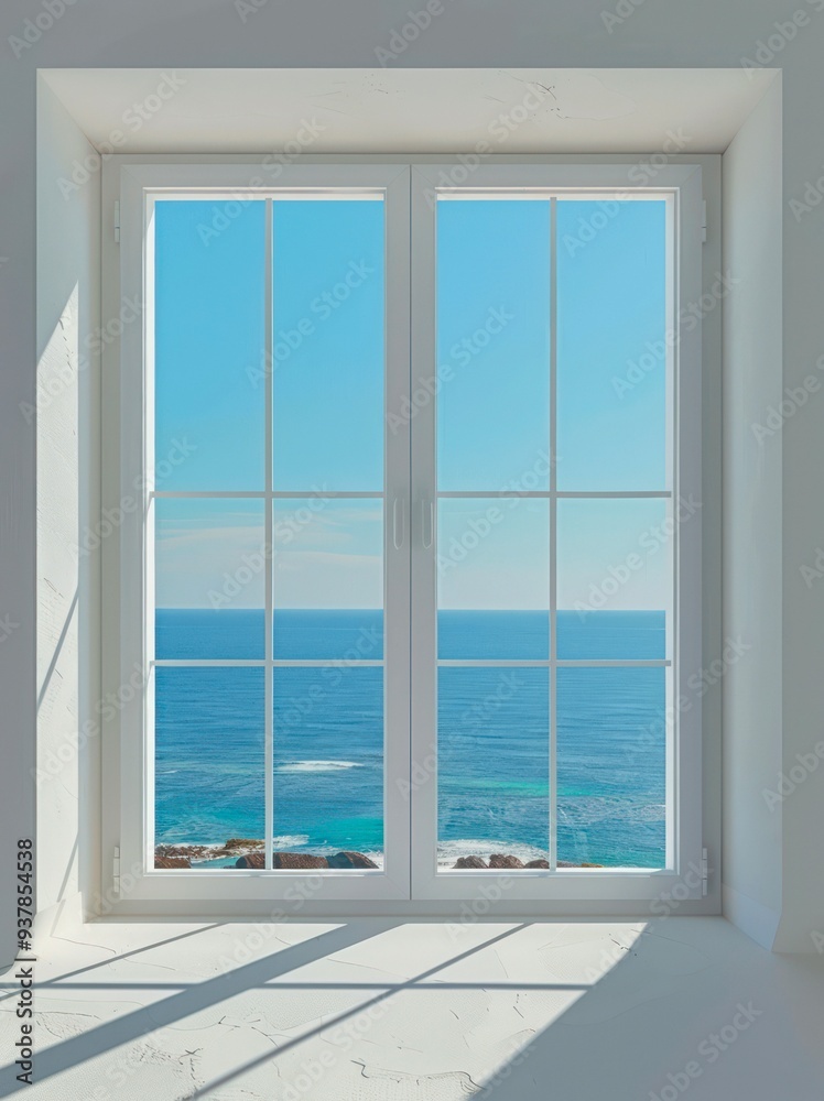 Cloudless sky and blue sea through a window indoors. Cloudless sky and blue sea through a window indoors.