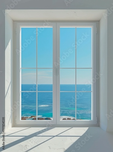 Cloudless sky and blue sea through a window indoors.