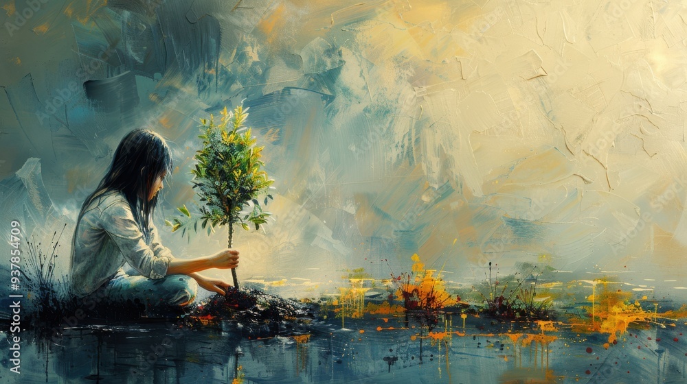 Fototapeta premium A serene yet powerful image of a woman planting a tree, representing growth, nurturing, and the long-term impact of women's contributions to society, woman empowerment concept, abstract painting