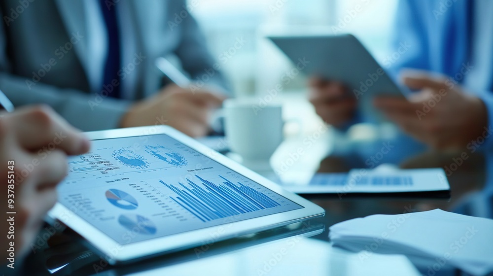 Close-up of financial growth charts on a tablet in a business meeting Close-up of financial growth charts on a tablet in a business meeting