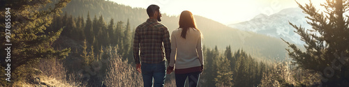 Interracial couple hiking in the mountains, enjoying nature