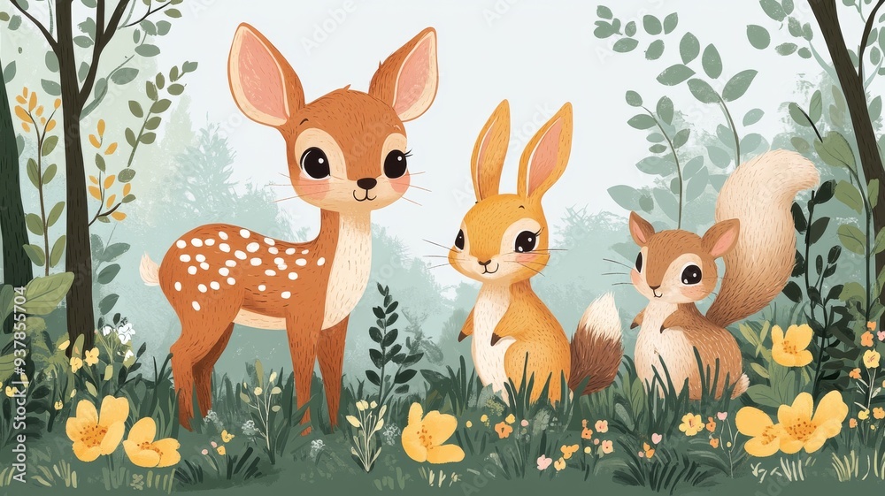 Naklejka premium Cute animals in the forest. Generative AI