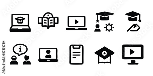 Create a collection of line style icons that represent online education.