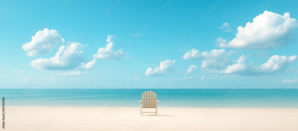 Obraz premium Empty beach chair facing calm blue ocean water