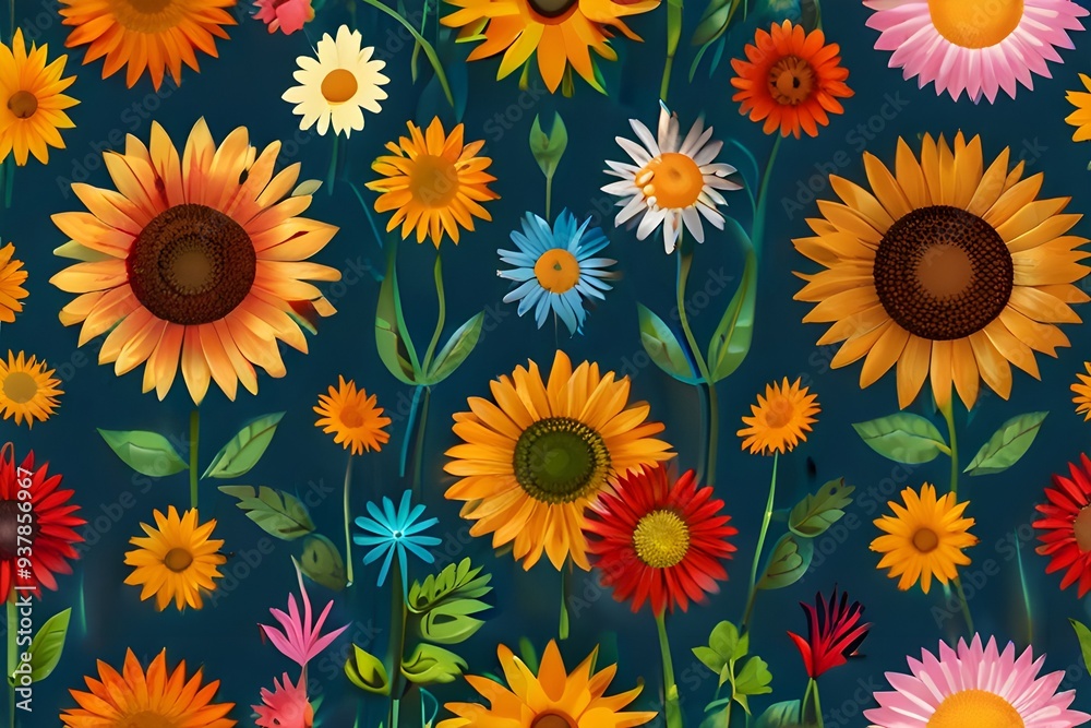  A striking design of multicolored flowers on a soothing blue background.
