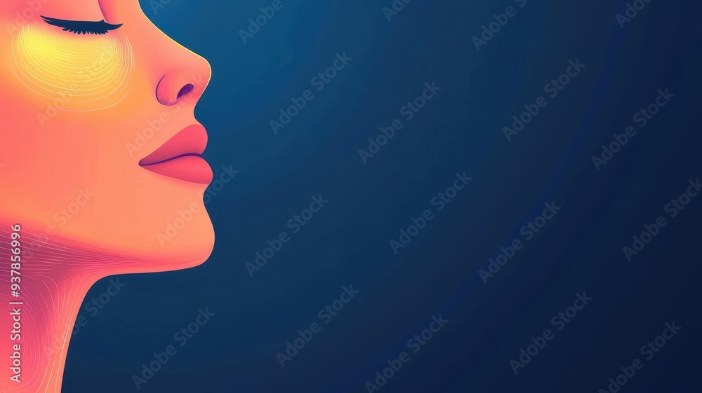 A colorful profile of a woman showcasing beauty and serenity against a calming blue background, highlighting facial features. A colorful profile of a woman showcasing beauty and serenity against a calming blue background, highlighting facial features.