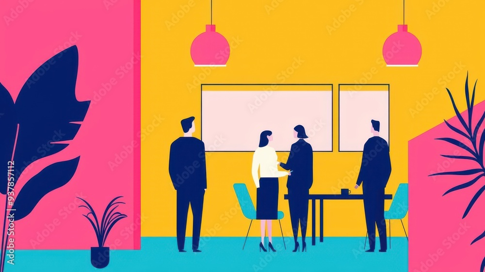 A vibrant office illustration showcasing business people collaborating in a modern workspace with colorful decor. A vibrant office illustration showcasing business people collaborating in a modern workspace with colorful decor.
