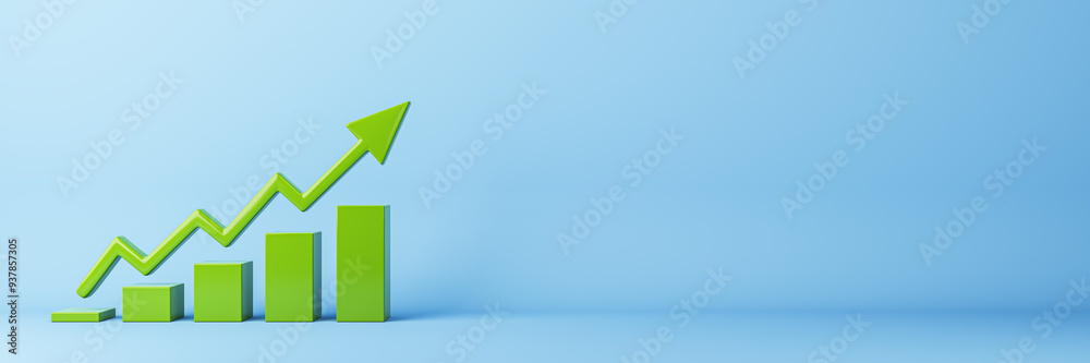 Green bar chart with upward arrow on blue background. 3D Rendering Green bar chart with upward arrow on blue background. 3D Rendering