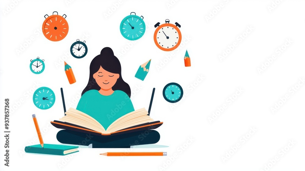 A focused girl studying with an open book surrounded by colorful clocks and stationery items, illustrating time management. A focused girl studying with an open book surrounded by colorful clocks and stationery items, illustrating time management.