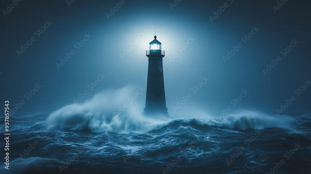 Moody Seascape with Foggy Lighthouse Guiding Through Stormy Waves - Copy Space Moody Seascape with Foggy Lighthouse Guiding Through Stormy Waves - Copy Space