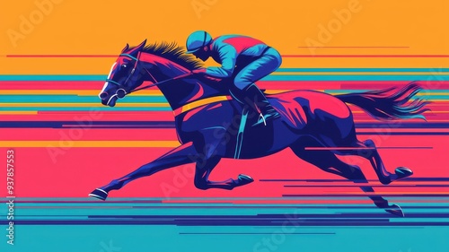 Vibrant illustration of a racing horse and jockey in motion, showcasing speed and energy against a colorful background. photo