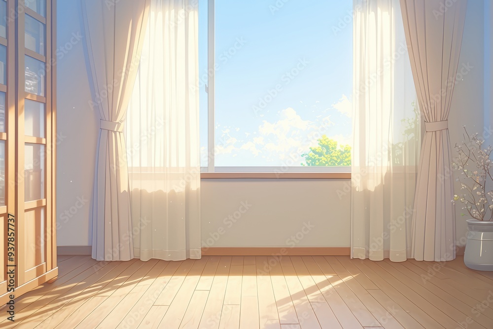 Fototapeta premium An empty room with a soft, warm light filtering in from the summer sun outside, a gentle breeze moving the curtains, anime illustration, anime flat art 