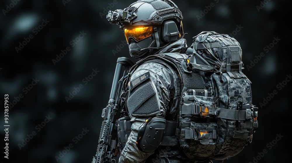 A heavily equipped and advanced soldier, wearing high-tech combat gear and night vision goggles, stands alert and prepared for action, epitomizing readiness in a tactical scenario. A heavily equipped and advanced soldier, wearing high-tech combat gear and night vision goggles, stands alert and prepared for action, epitomizing readiness in a tactical scenario.
