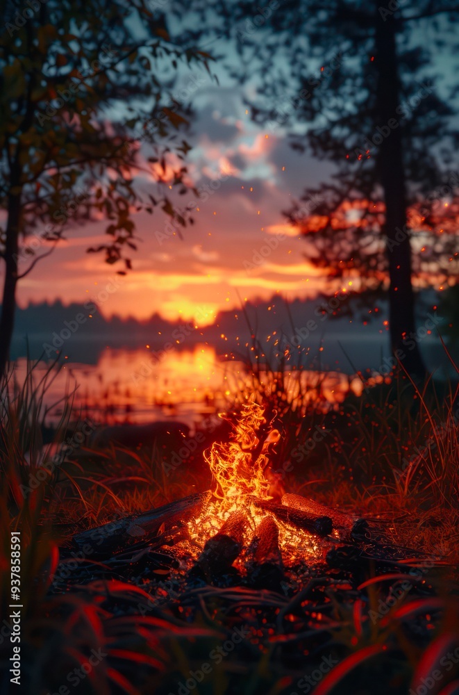 Campfire in the forest by the river in the evening. Campfire in the forest by the river in the evening.