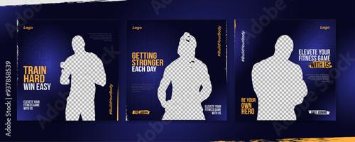 Fitness gym social media post template, set of workout sports banner 
