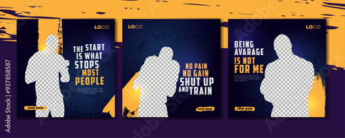 Fitness gym social media post template, set of workout sports banner 