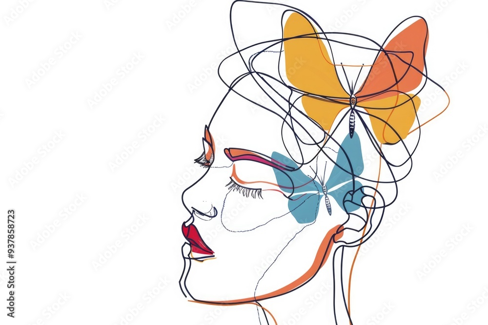 A woman wearing a decorative butterfly headpiece, possibly for a costume or special occasion A woman wearing a decorative butterfly headpiece, possibly for a costume or special occasion