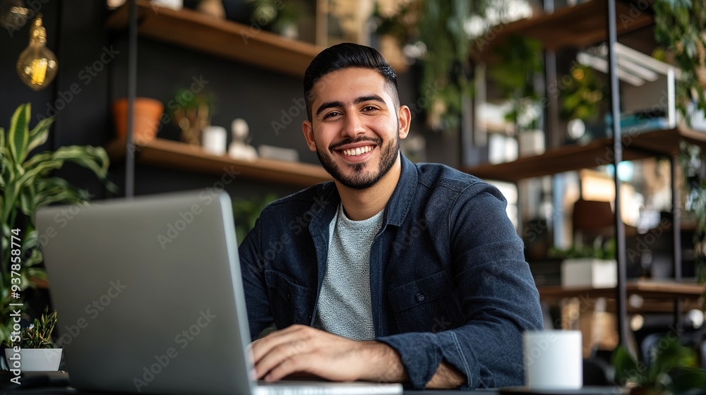 Confident Hispanic businessman working on an e-commerce project in a stylish modern office, smiling Confident Hispanic businessman working on an e-commerce project in a stylish modern office, smiling