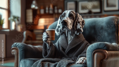 A Dalmatian dog wearing a grey bathrobe sits comfortably on a leather couch, holding a cup of coffee, representing relaxation, leisure, and a cozy indoor atmosphere.