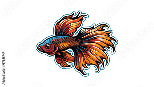 Create a detailed vector illustration of a Betta fish with a vibrant orange, red, and blue color scheme. The fish should have a flowing, dynamic pose with its fins spread out.