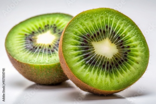 Freshly cut kiwi fruit sliced in half, revealing vibrant green interior with tiny black seeds, placed on a clean white surface, awaiting culinary creation.