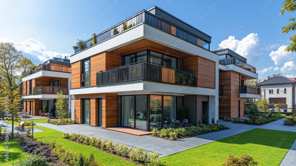 Fototapeta premium Modern residential buildings with wooden paneling on a sunny day