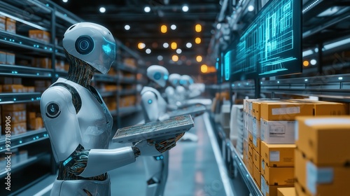 Robots Sorting Packages in a High-Tech Warehouse photo