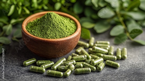 Moringa Dietary Supplements Display - Herbal Capsules and Powder on Clean Surface with Copy Space.