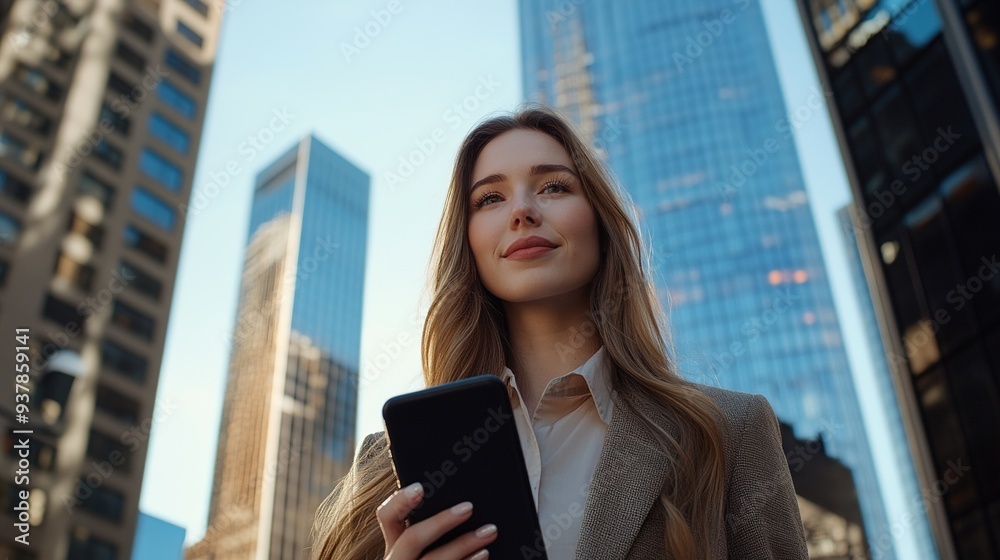 Confident young businesswoman outdoors with a smartphone, vibrant city background Confident young businesswoman outdoors with a smartphone, vibrant city background