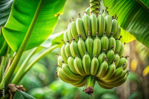 Fresh green unripe banana plantain fruit bunch hanging from stem, with slight yellowish tint, surrounded by large green leaves, against a blurred natural background.