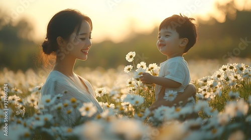 Mother boy and flowers in nature to play together love and bonding in outdoor for learning plants Mommy son and happiness in field or laughing for comedy peace and funny childhood on v : Generative AI photo