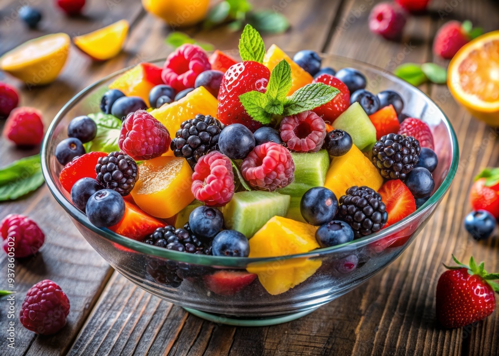 Vibrant bowl of fresh mixed tropical fruit salad with berries, raspberries, blueberries, blackberries, and orange slices, perfect for healthy diet and fitness inspiration.