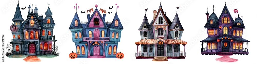 Set of colorful and spooky haunted houses with Halloween decorations, bats, and pumpkins, perfect for seasonal designs and projects. Set of colorful and spooky haunted houses with Halloween decorations, bats, and pumpkins, perfect for seasonal designs and projects.