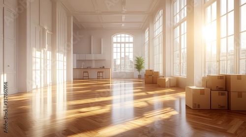 Bright empty room  stacked cardboard boxes  polished hardwood floor  sunlit interior  white walls  modern kitchen in background  minimalist design  moving day concept.