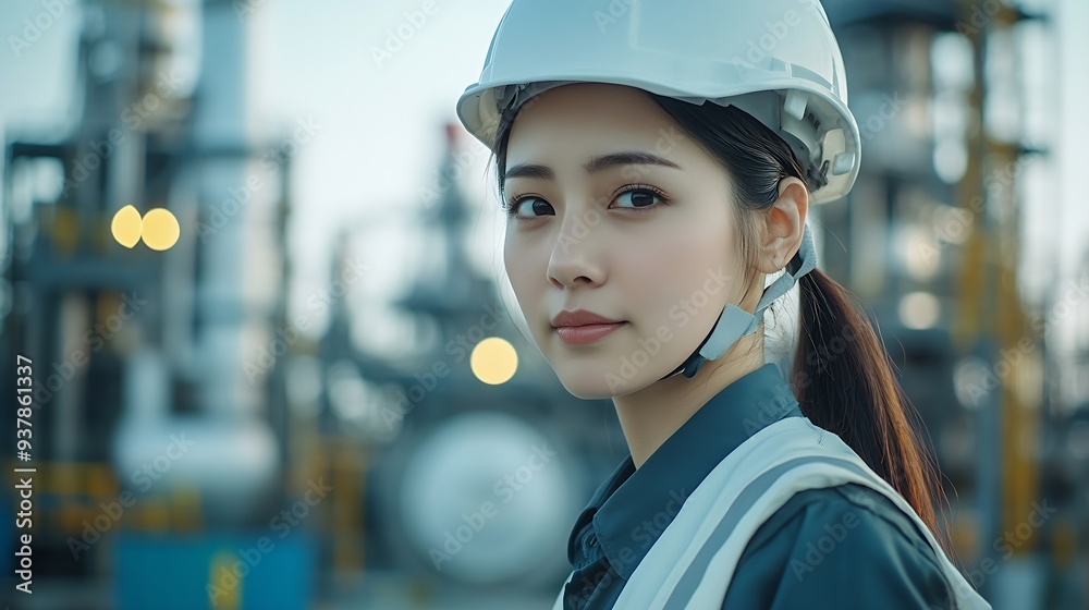 Two Asian female engineer with white safety helmet standing front of oil refinery Industry zone gas petrochemical Factory oil storage tank and pipeline Workers work in the refinery con : Generative AI Two Asian female engineer with white safety helmet standing front of oil refinery Industry zone gas petrochemical Factory oil storage tank and pipeline Workers work in the refinery con : Generative AI