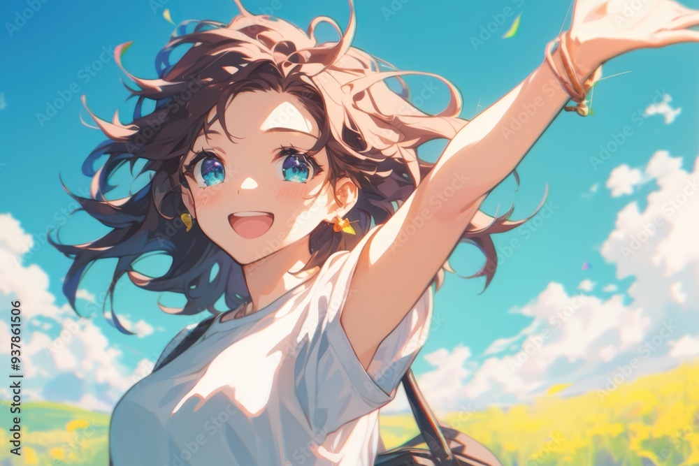 Anime girl waving energetically with a big smile, showing enthusiasm and friendliness Anime girl waving energetically with a big smile, showing enthusiasm and friendliness