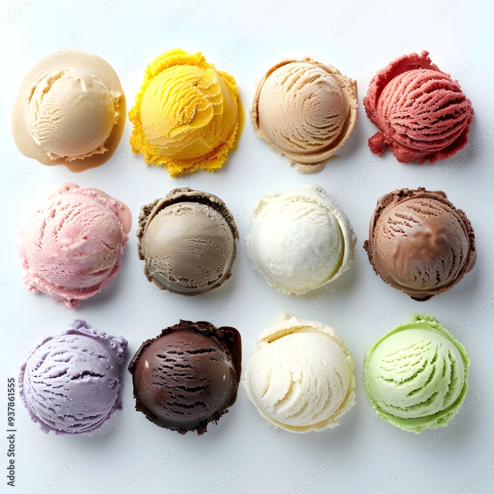Assorted Vibrant Gelato Scoops in a Neat Row on a Creamy Textured White Background Assorted Vibrant Gelato Scoops in a Neat Row on a Creamy Textured White Background