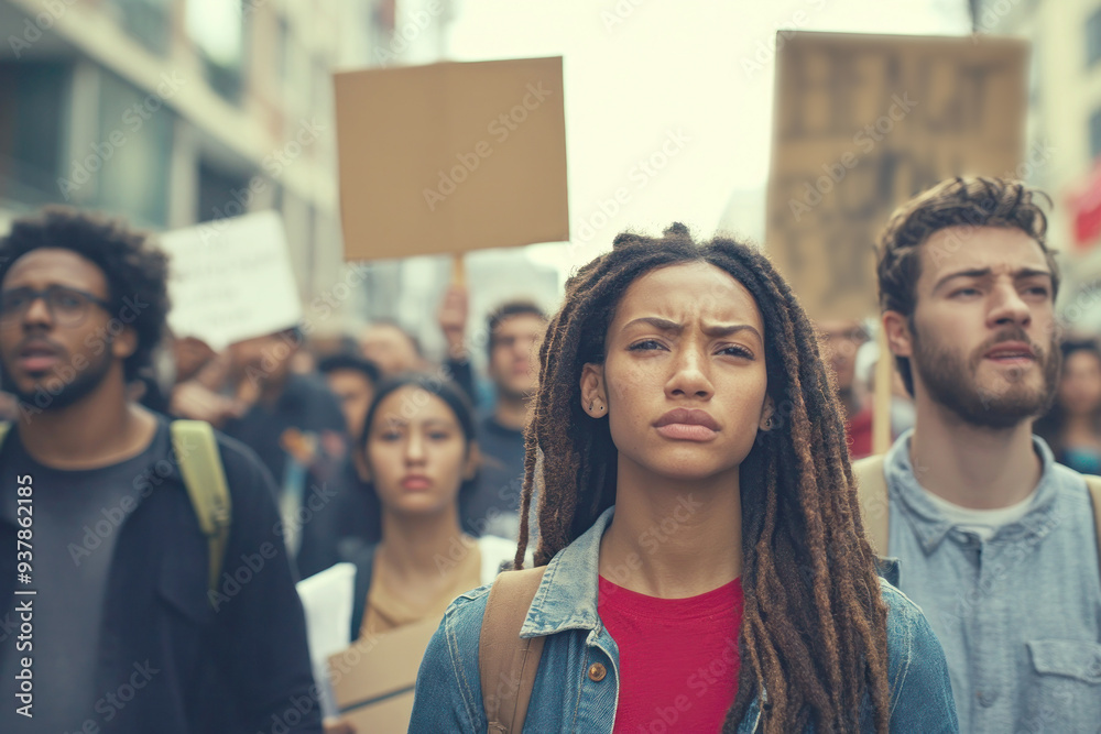 Obraz premium A powerful image of activists marching for social justice, holding signs with messages of equality and fairness, their expressions determined as they advocate for change in an urban environment