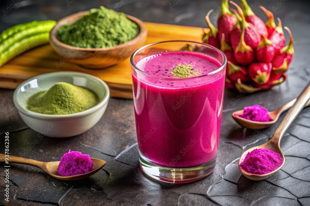 Vibrant pink matcha drink in a sleek glass on a modern table, accompanied by a halved dragon fruit and a sprinkle of exotic pitahaya powder. Vibrant pink matcha drink in a sleek glass on a modern table, accompanied by a halved dragon fruit and a sprinkle of exotic pitahaya powder.