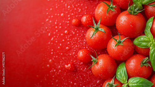 Fresh red tomatoes with basil leaves on a vibrant background