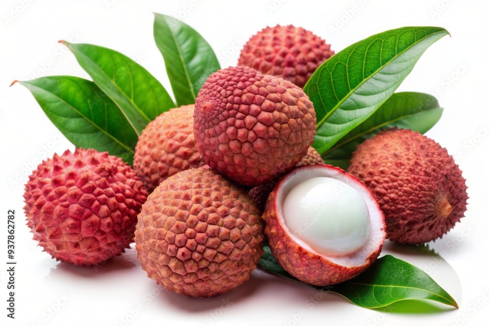 Vibrant fresh lychees with rough brown skin and juicy pulp surrounded by lush green leaves isolated on a clean white background for a healthy snack. Vibrant fresh lychees with rough brown skin and juicy pulp surrounded by lush green leaves isolated on a clean white background for a healthy snack.