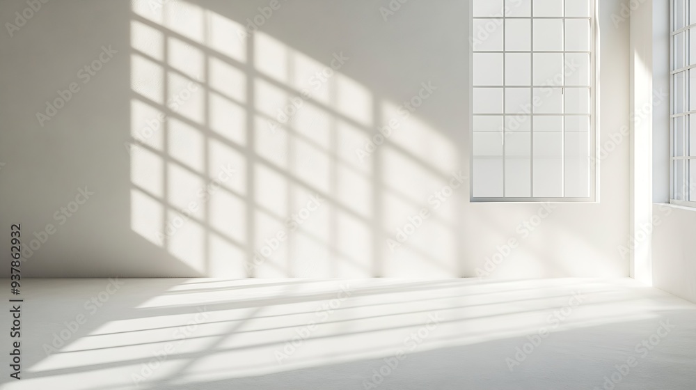 Minimal abstract light gray background for product presentation Soft shadow and light from windows on white wall : Generative AI